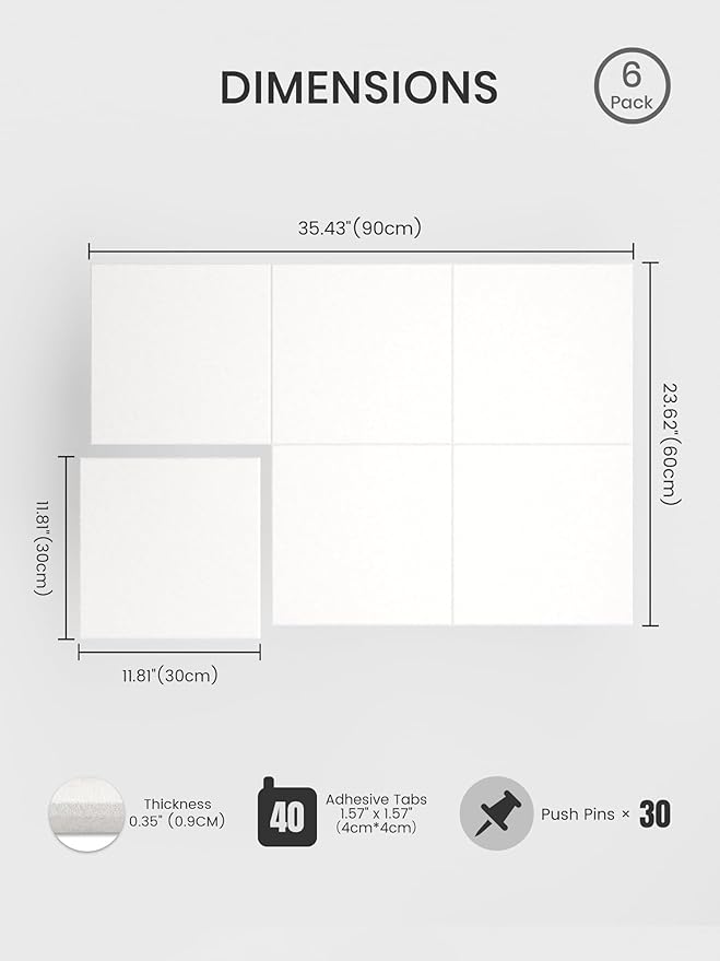 Bumusty Large Cork Board 36" x 24" Alternative - 6 Pack Felt Wall Tiles with 40 Safe Removable Adhesive Tabs, 30 Pushpins, Cork Boards for Walls Pin Board Bulletin Board Office Decor (Milky White)