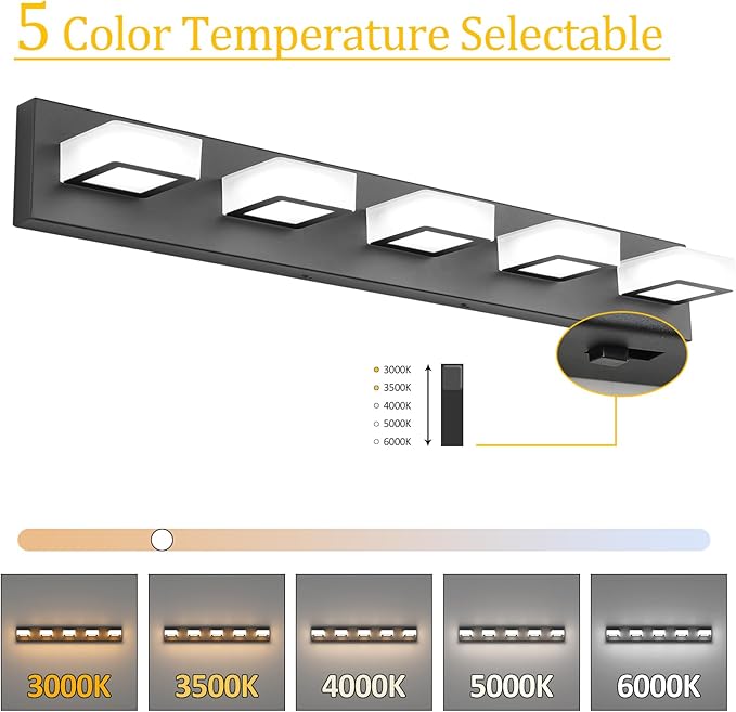 Ralbay 5 Color Temperature 5 Lights Black Vanity Lights 34inch Dimmable Acrylic Modern LED Black Bathroom Vanity Lighting Fixtures