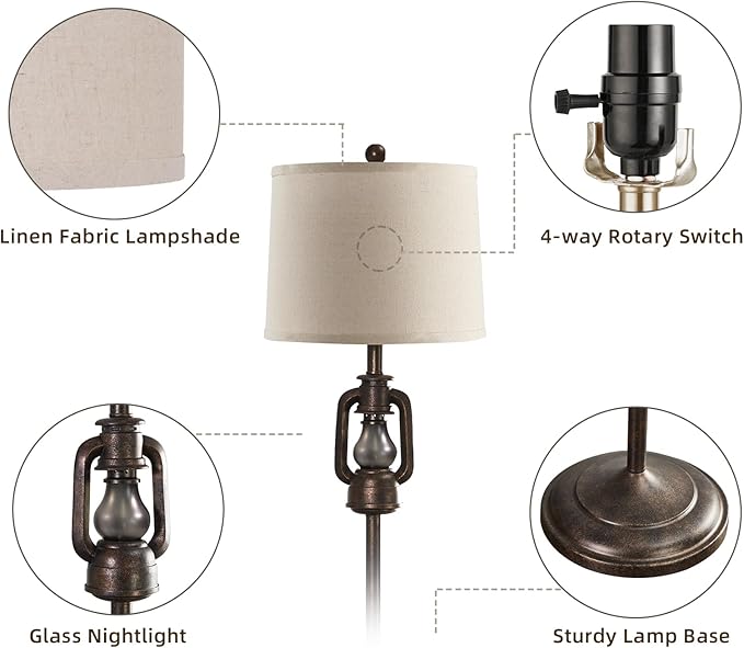63'' Farmhouse Lantern Floor Lamp for Living Room with 2 Light Sources, Rustic Vintage Resin Tall Standing Lamp with Glass Night Light for Bedroom Office Study Room, Bulb Included (Bronze)