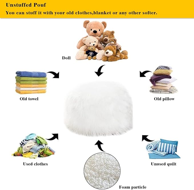 Fur Pouf Ottoman Unstuffed Floor Pouf White Ottoman Foot Rest NO Filler 20x20x12 Inches Round Poof Seat Floor Bean Bag Chair Foldable Floor Chair Storage for Living Room Bedroom White Cover ONLY