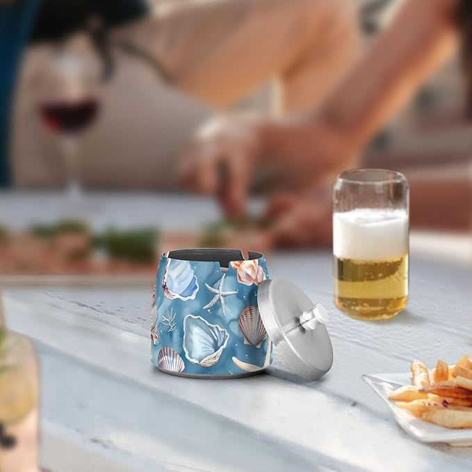 Starfish Coral Blue Ashtray with Lid, Outdoor Ashtrays for Patio, Stainless Steel Ashtray Odorless Smokeless for Home Office Balcony
