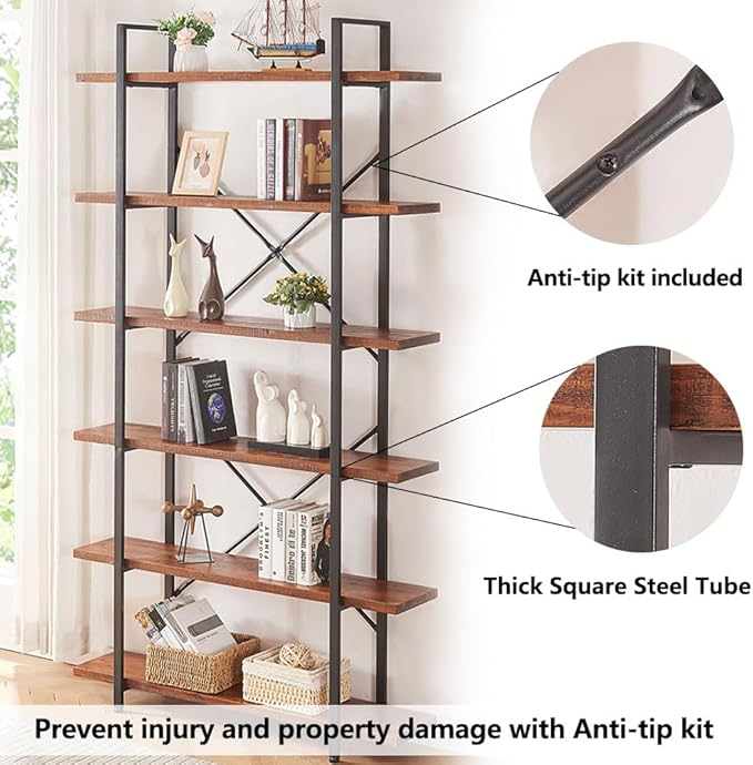 HSH 6 Tier Solid Wood Bookshelf, Industrial Wood and Metal Tall Large Etagere Bookcase and Storage Shelves, Rustic Open Natural Real Wooden Book Shelf for Bedroom Living Room, Distressed Brown