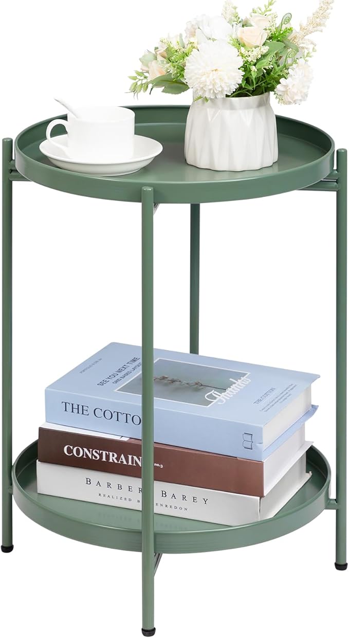 HollyHOME 2-Tier Round Side Table, Outdoor Small Folding Accent Stand with Removable Tray, Anti-Rust Metal Asional Table for Balcony Patio Living Room, Nightstand for Bedroom(Matcha Green)