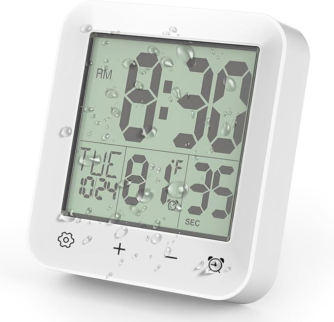 Houkiper Shower Clock Waterproof Bathroom Timer, Digital Shower Timer with Countdown, Suction Cup Clock, LCD Display, Temperature Gauge Wall Clock Touch Screen Waterproof Clock for Bathroom, White