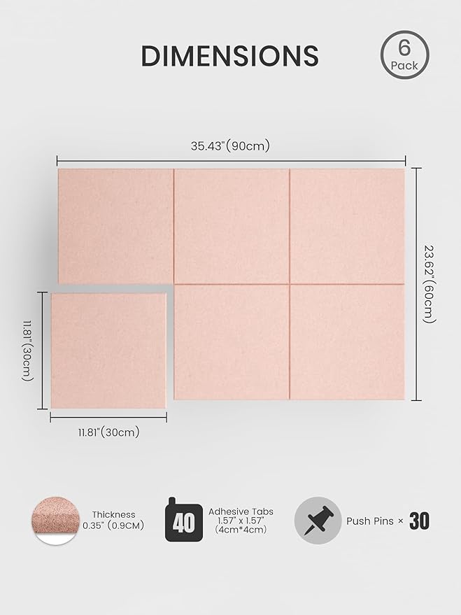 Bumusty Large Cork Board 36" x 24" Alternative - 6 Pack Felt Wall Tiles with 40 Safe Removable Adhesive Tabs, 30 Pushpins, Cork Boards for Walls Pin Board Bulletin Board Office Decor (Pink)