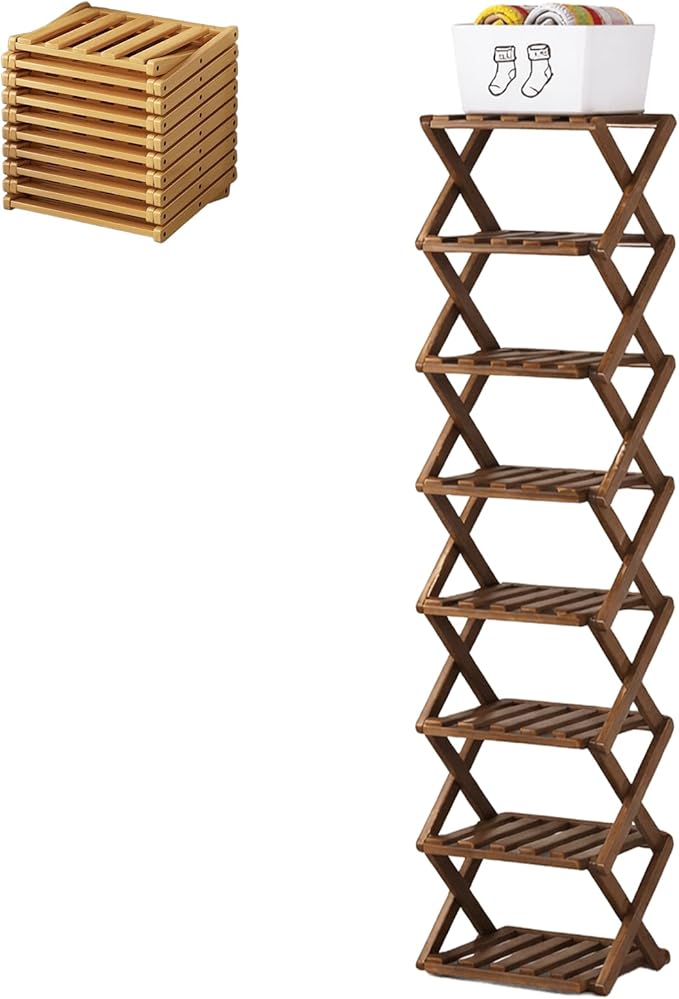 Upgraded The 9-Tier No-Assembly Bamboo Shoe Rack (3–9 Tier), Folding Bamboo Shoe Storage Rack with Zero Assembly Required and Space-Saving Design for Entryway Closet Apartment (Brown, 8 Tier)