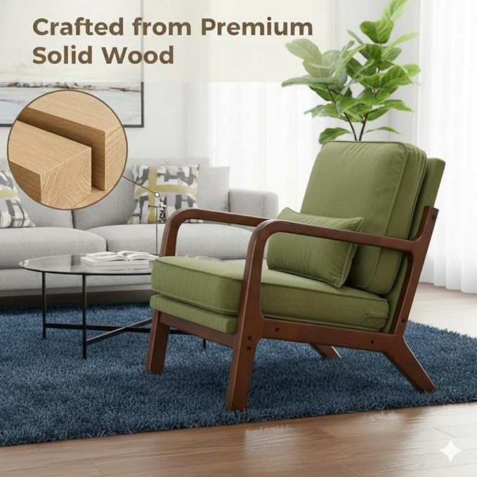 Simple Deluxe Mid-Century Modern Wood Accent Chair & Cozy Reading Chair, Upholstered Living Room Chair with Waist Cushion, Solid Wood Chair with Pillow for Bedroom, Green