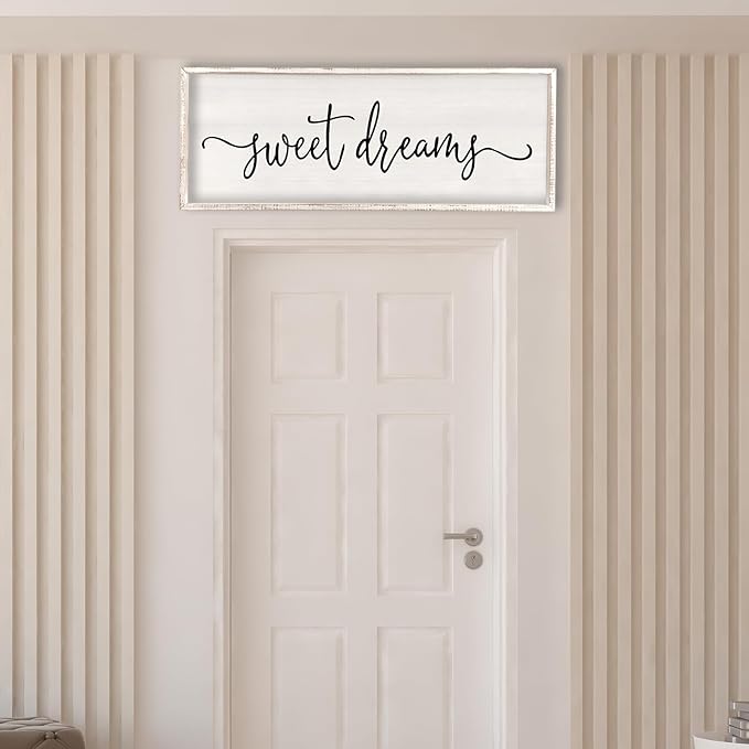 Surfapans Sweet Dreams Wall Decor Above Bed 40"x15" ofr Master Bedroom Guest Room Wood Rustic Framed Wall Art Sign (White)