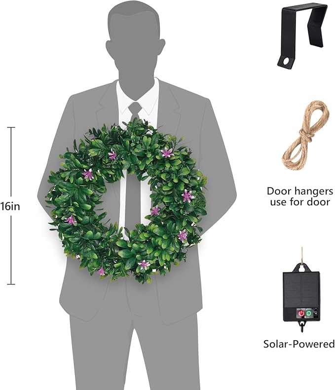 Solar Spring Wreath for Front Door Pre-lit 16inch 30LED Wreaths Spring Summer Decor for Outside Aftificial Purple Flower Wreaths Home Decorations Wreath for Door Festival Decor