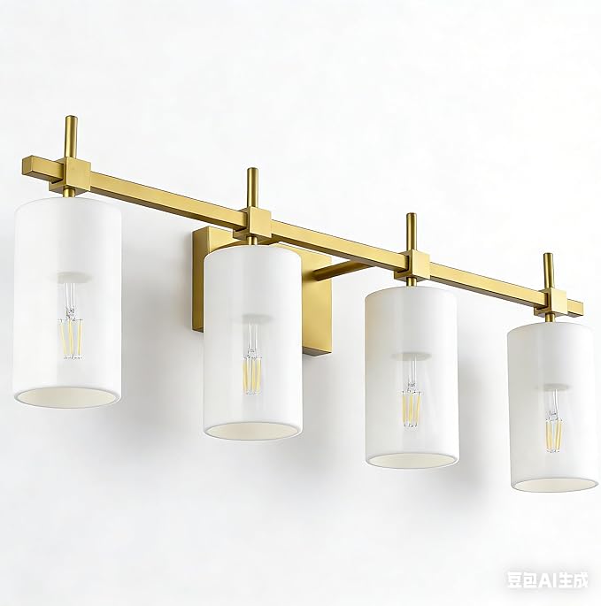 SOLFART Bathroom Light Fixtures, 4 Light Vanity Lights for Bathroom, Gold Wall Light with Milky White Glass for Mirror, Living Room, Hallway, Cabinet, E26 Base (Bulbs Not Included)