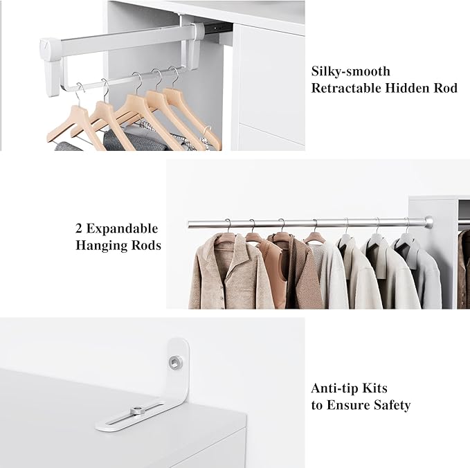 Flrrtenv Organizer with 2 Wooden Drawers and Pull-out Pants Organizer Rod, Walk-in Wood Closet Organizer Wardrobe Clothes Rack with 3 Hanging Rods, Garment Rack, White