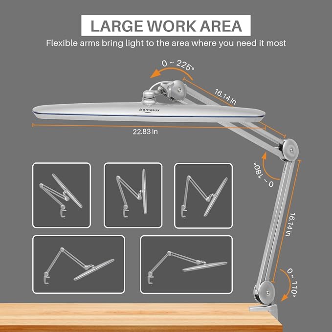 Task Lamp with Clamp, Bright 117PCS LEDs, Metal Swing Arm 24W 2200 Lumen Dimmable Led Desk Lamp for Architect Home Office Study Reading Dorm Workbench Craft, 23 Inch Working Lamp(Silver)
