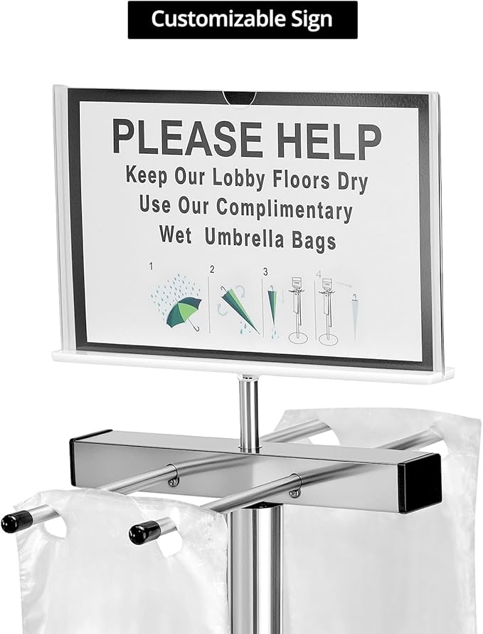 QWORK Umbrella Holder for Entryway, Stainless Steel Umbrella Bag Wrapper Station with Customizable Sign – 200 Long Bags Included, for High Traffic Areas