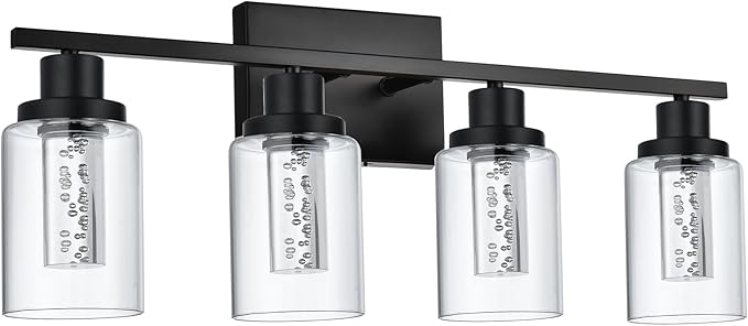 MELUCEE 4-Light LED Bathroom Lighting Fixtures Over Mirror, Dimmable LED Vanity Light for Bathroom 3000K-6000K Black Bath Wall Lights with Crystal Bubble Clear Glass Shade, Built-in LED Chips