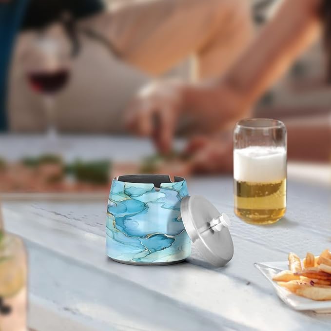 Aqua Blue Gold Marble Textures Ashtray with Lid, Outdoor Ashtrays for Patio, Stainless Steel Ashtray Odorless Smokeless for Home Office Balcony