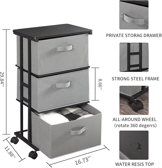 MAX Houser Dresser Tower with 3 Drawers for Bedroom, Fabric Storage Organizer Unit, Chest of Drawers with with WoodTop, Small Vertical Storage for Guest Room, Closet, Entryway, Nursery (Grey)