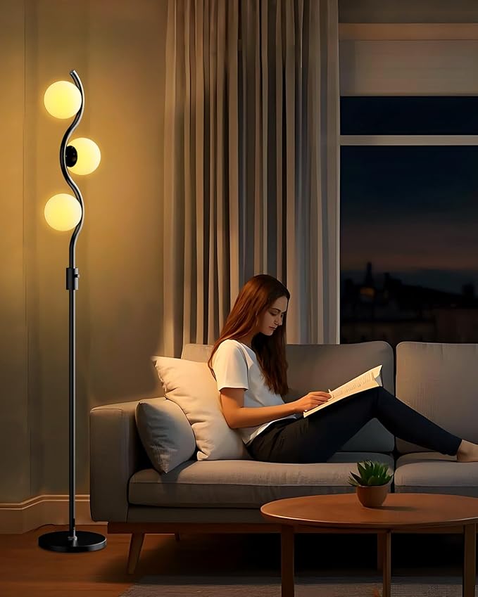 Lightdot 60IN Dimmable Black Floor Lamp, Mid Century Standing Lamps with 3 Globe Soft Warm White 3000K Bulbs Included, Modern Tall Lamp for Living Room/Bedroom/Sofa Beside/Corner Decor