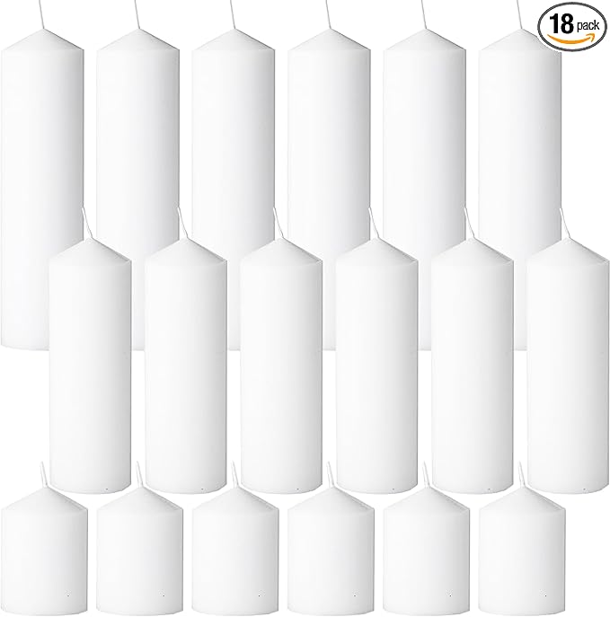 White Pillar Candles Bulk Set of 18，Hurricane Candles，3 Different Lengths 2 x 3/6/8 Inch (6 Each)，Dripless Unscented Smokeless，Gives You a Better Atmosphere When Organizing an Event Party.