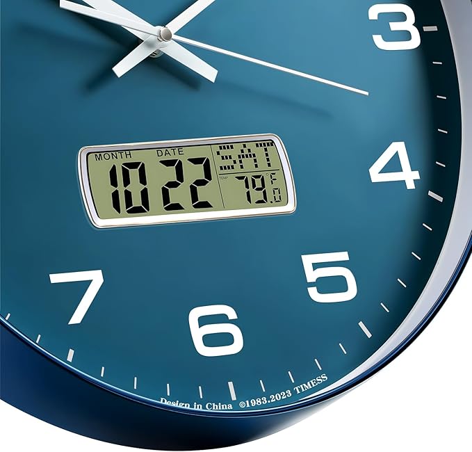 Wall Clock, 13" Dial Non-Ticking Silent Battery Operated Analog with LCD Display for Perpetual Calendar and F° Temperature, Ideal Modern Home, Office Decor (Blue)