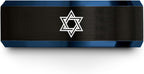 Mezuzah star Of David Ring - Gift for Jewish Family - Flat Dome Bevel - 8mm - Men Women - Yellow Gold Black Silver Blue - Anniversary Wedding - Personalized Custom Engraving - Band - Brushed Polished