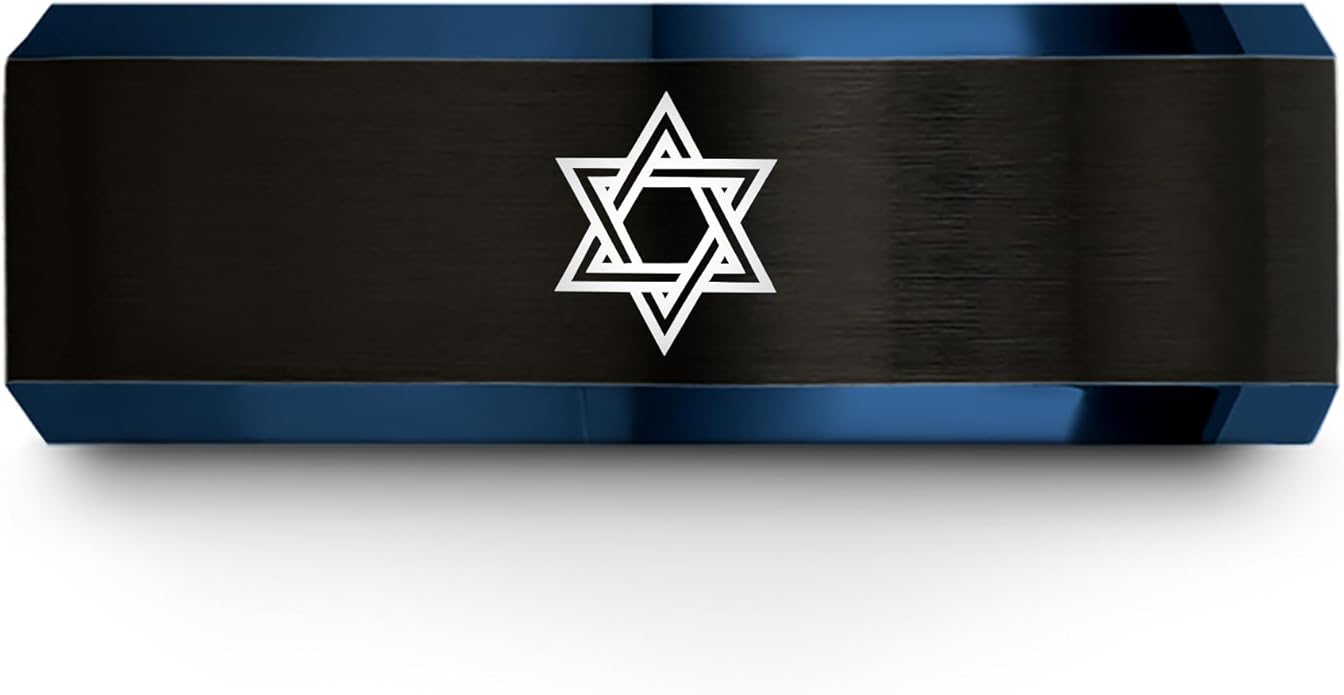 Mezuzah star Of David Ring - Gift for Jewish Family - Flat Dome Bevel - 8mm - Men Women - Yellow Gold Black Silver Blue - Anniversary Wedding - Personalized Custom Engraving - Band - Brushed Polished