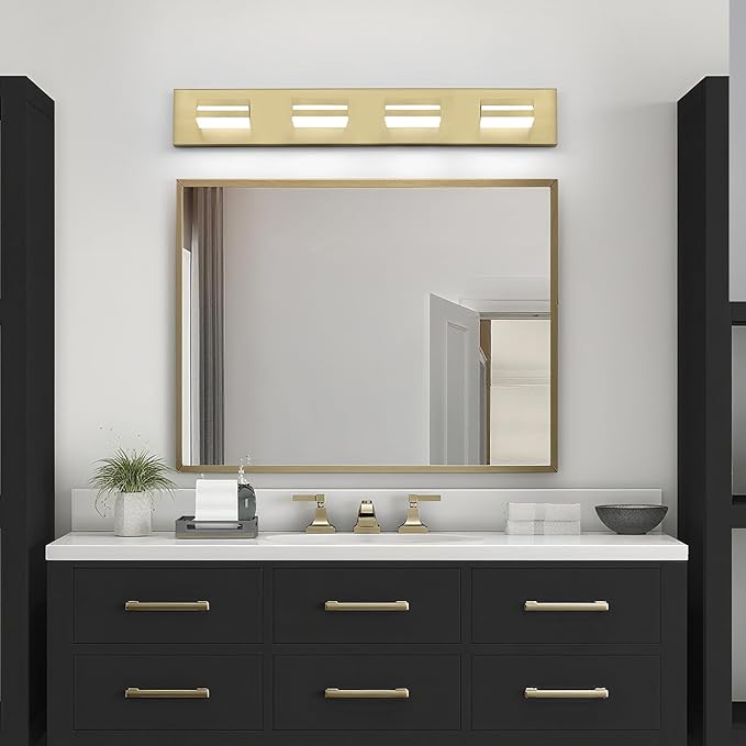 OKELI 5 Lights Bathroom Vanity Light Fixtures Gold LED Dimmable Vanity Light Over Mirror Modern Wall Mounted Lighting Fixture, 350° Rotatable Lamp Head 24W Cold White 6000K ETL Listed