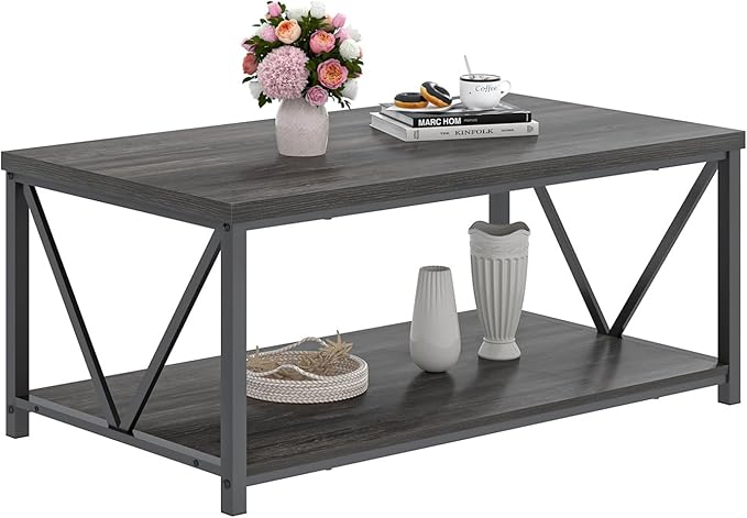 FOLUBAN Coffee Table with Storage, Modern Small Center Tables for Small Spaces, Rustic Wood and Metal Cocktail Table for Living Room, 39.3 Inch Dark Gray