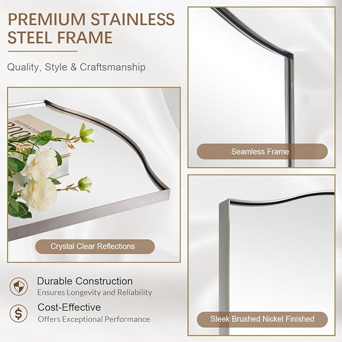 ANDY STAR Brushed Nickel Bathroom Mirror, 22"x30" Scalloped Wall Mirror in Stainless Steel Metal Frame, Unique Vanity Mirror with Modern Curved Edge Design, Ideal for Bathroom, Bedroom, Entryway