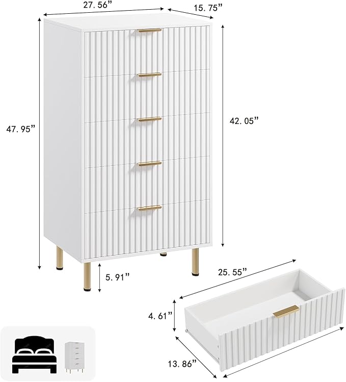 GarveeHome Fluted 5 Drawer Dresser for Bedroom, 48 in Tall Modern Chest of Drawers with Deep Drawers and Wide Top, Wooden Dresser Organizer for Living Room, Hallway, Kids Room, White