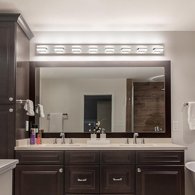 SOLFART Bathroom Light Fixtures Brushed Nickel Vanity Lights for Bathroom Above Mirror, 8 Light Led Lighting Fixture, Nickel Vanity Light, 61 Inch Vanity Light Over Mirror
