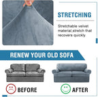 H.VERSAILTEX Sofa Cover 3 Piece T Cushion Loveseat Slipcovers Thick Velvet Couch Cover Stretch T Cushion Sofa Covers for 2 Cushion Couch with 2 Individual T Cushion Covers Washable, Stone Blue