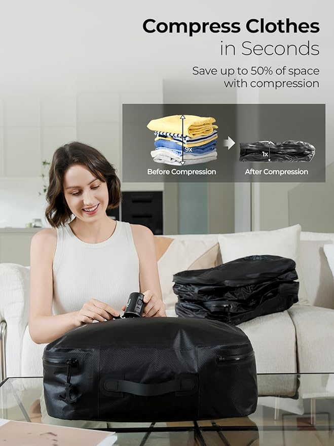 Vacuum Bags for Travel with Wireless Pump, 180° Open Zipper, IP67 Waterproof, Reusable Space Saver Compression Bags for Backpack(3 Pack + Pump)