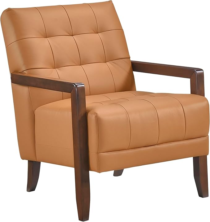 Lexicon Modern Accent Chair, Luxury Genuine Leather Match Living Room Chair with Tufted Cushions, Solid Wood Frame and Arm Rest, Comfy Upholstered Single Seat for Bedroom/Reading/Office, Orange