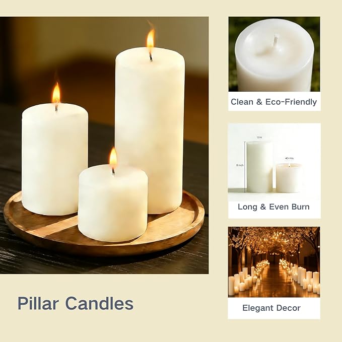 12 Pcs Ivory Pillar Candles Bulk Set, 3 Different Lengths 3 x 3/6/8 Inch (4 Each), Dripless Unscented Smokeless,Hurricane Candles,Gives You a Better Atmosphere When Organizing an Event Party.
