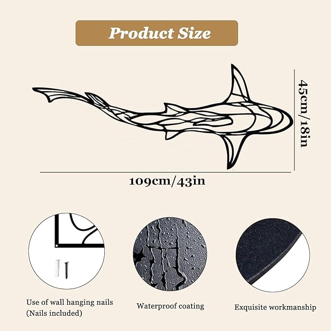 GDSPD 43 x 18'' Large Metal Shark Wall Decor, Minimalist Line Wall Decor,Metal Wall Art Shark Decor,Fish Neutral Home Decor,Wall Decorations for Living Room Bedroom Bathroom Office