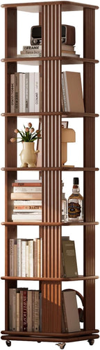 Solid Wood Rotating Bookshelf, 6-Tier Rolling Book Shelf，360 Degree Revolving Bookcase，Spinning Bookshelf Tower for Small Spaces, Corner, Bedroom，Office，Living Room，Classroom （Walnut）