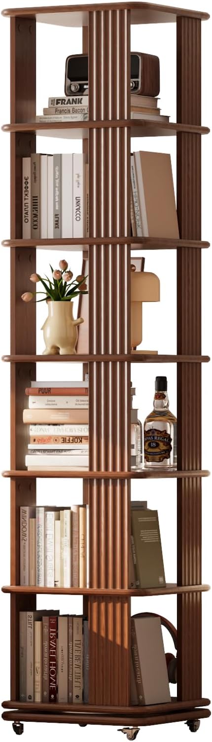 Solid Wood Rotating Bookshelf, 6-Tier Rolling Book Shelf，360 Degree Revolving Bookcase，Spinning Bookshelf Tower for Small Spaces, Corner, Bedroom，Office，Living Room，Classroom （Walnut）