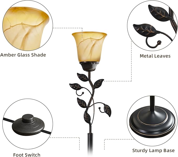 72” Flower Farmhouse Floor Lamp for Living Room, Unique Rustic Leaf Tall Standing Lamp with Amber Glass Shade and Traditional Foot Switch for Bedroom, Corner, Office, Bulb Included (Bronze)
