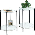 Small Round Side Table Set of 2, Black End Table with Faux Marble Top, Modern Sofa Table for Small Spaces in Living Room, Couch, or Bedroom Nightstand (2 pcs Black, Round)