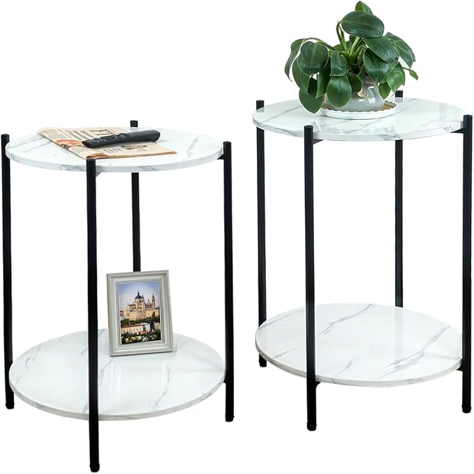 Small Round Side Table Set of 2, Black End Table with Faux Marble Top, Modern Sofa Table for Small Spaces in Living Room, Couch, or Bedroom Nightstand (2 pcs Black, Round)