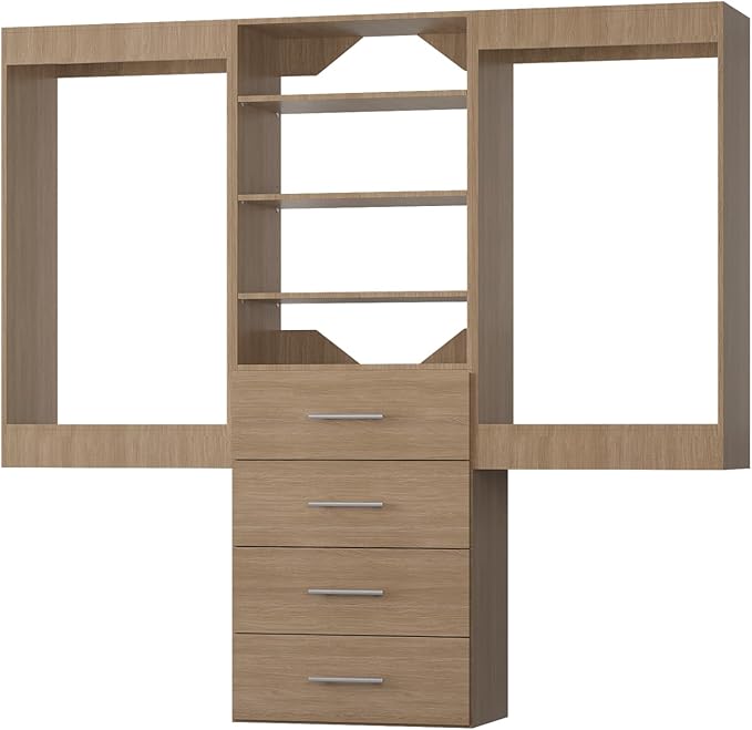 Modular Closet Organizer, 60" Wide, Hanging & Drawers, Wood Tower for Walk-In Closets, Wall-Mounted Wardrobe Organizer