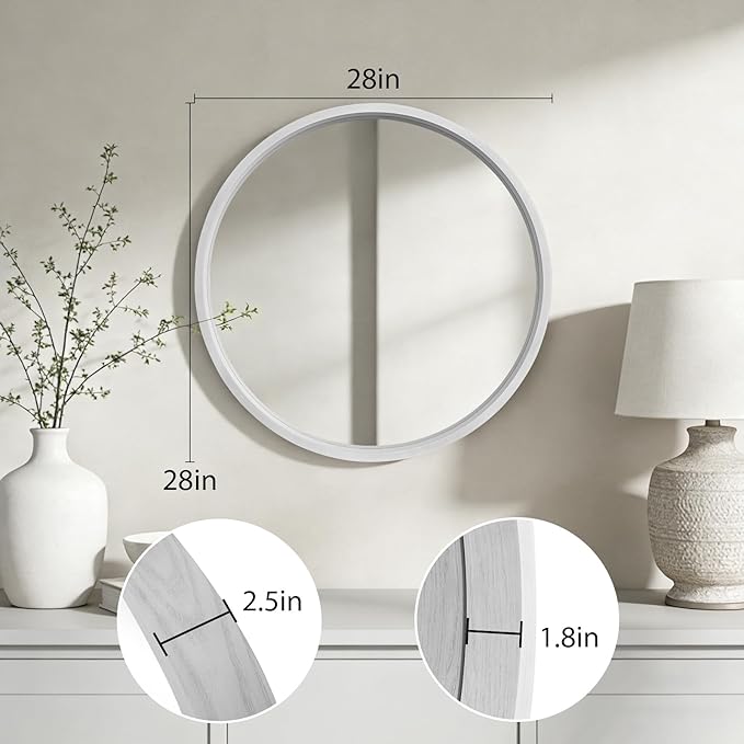 WallBeyond 28 Inch Round Wood Mirror, Large Circle Wooden Frame Wall Mirror for Bathroom, Living Room, Bedroom, Entryway (White)