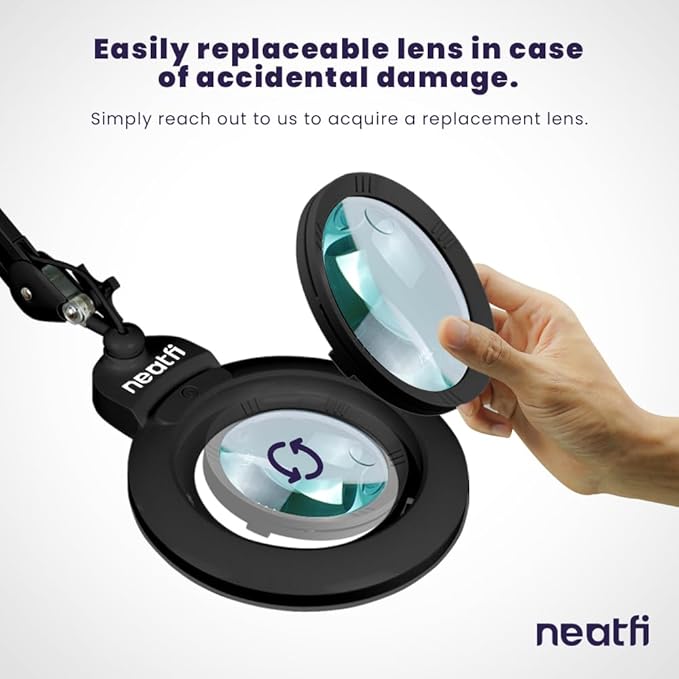 Neatfi XL Bifocal LED Magnifying Lamp – 7-Inch Acrylic Lens, 2.25x & 6X Magnification, 1,600 Lumens, Dimmable LED, Adjustable Arm, Hands-Free Close Work (Black, with Base)