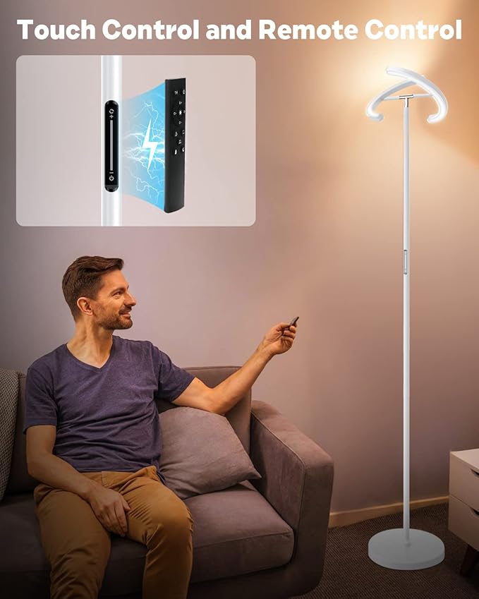 White Floor Lamp, Modern Stepless Dimmable Standing Lamp 3000-6000K, 20W LED Rotatable Reading Tall Lamp, Touch & Remote Control Uplighter Floor Lamps for Living Room Bedroom Office