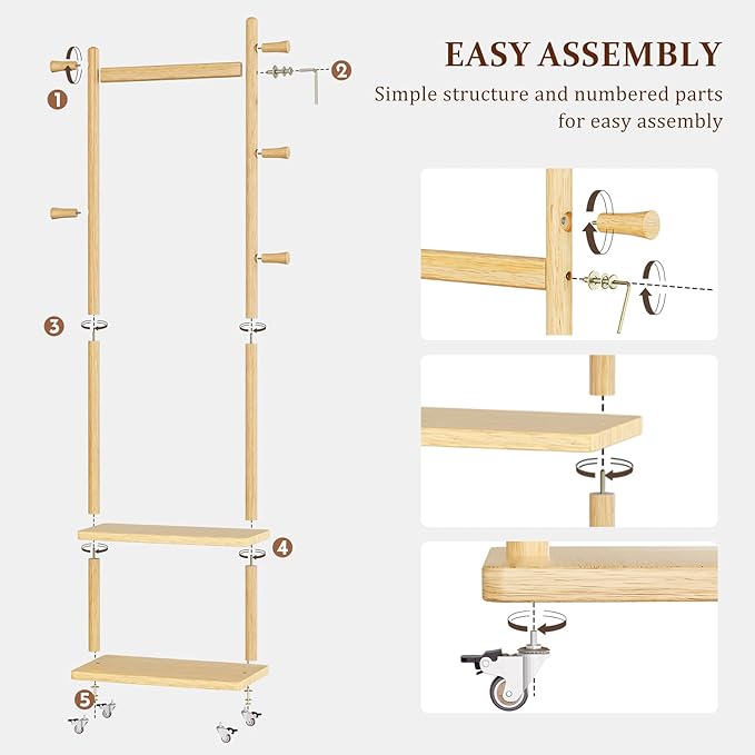 Coat Rack Freestanding Clothing Rack with Wheels & 2 Shelves Storage & 5 Hooks Heavy Duty Clothes Rack Wood Coat Tree Stand Hat Hanger Rack for Corner Bedroom Entryway Living Room Hotel Size L