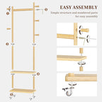 Coat Rack Freestanding Clothing Rack with Wheels & 2 Shelves Storage & 5 Hooks Heavy Duty Clothes Rack Wood Coat Tree Stand Hat Hanger Rack for Corner Bedroom Entryway Living Room Hotel Size L