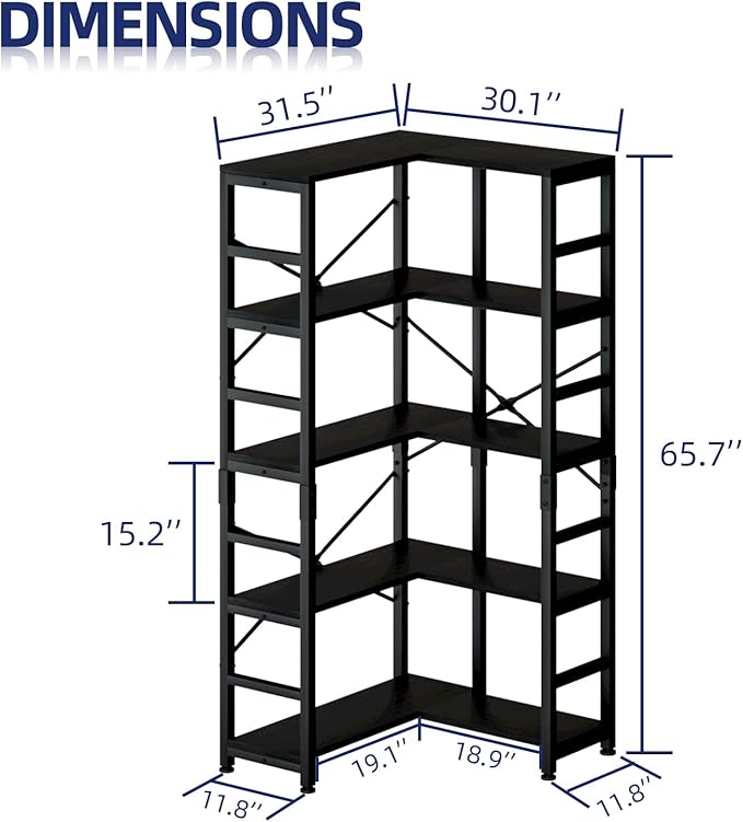 NUMENN 5 Tier Corner Bookshelf, Modern Corner Bookcase, Large Open Shelf Bookcase, Tall Bookshelves Storage Display Rack for Bedroom, Living Room and Home Office, Black