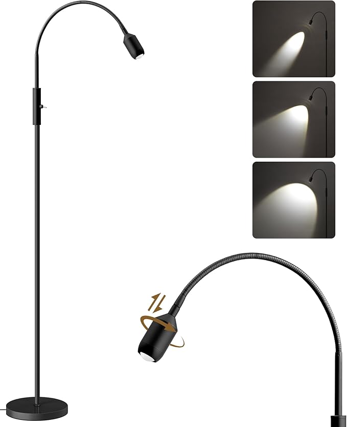 Reading Floor Lamp, 74.2" Tall LED Lamp with, 360° Flexible Gooseneck & Touch Control, 5000K 6W LED, Sturdy Base, Crafts Standing Lamp, for Reading, Living Room, Matte Black B16LD05