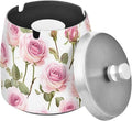 Pink Roses Leaves Vintage Ashtray with Lid, Outdoor Ashtrays for Patio, Stainless Steel Ashtray Odorless Smokeless for Home Office Balcony