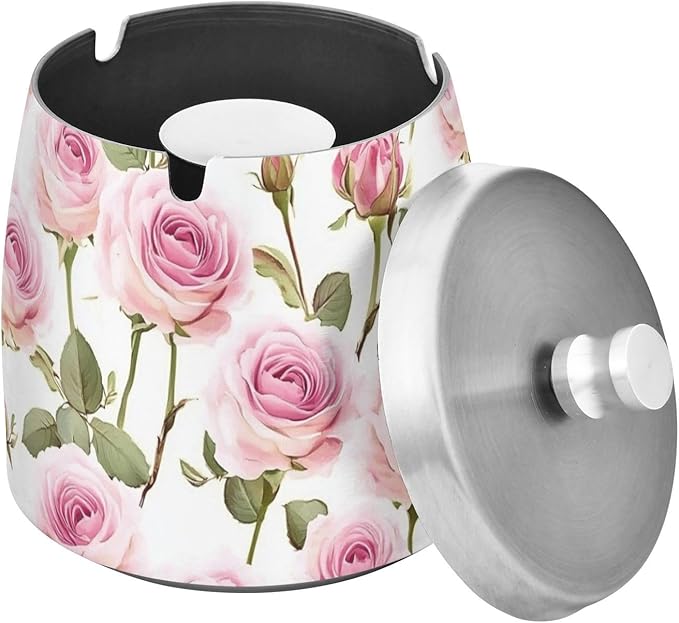 Pink Roses Leaves Vintage Ashtray with Lid, Outdoor Ashtrays for Patio, Stainless Steel Ashtray Odorless Smokeless for Home Office Balcony